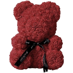 Dárkový medvídek z růží 23 cm červený - se stužkou
