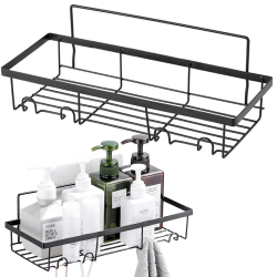 Druciana półka do łazienki z 4 haczykami - czarna