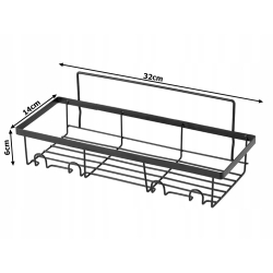 Druciana półka do łazienki z 4 haczykami - czarna