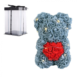 Medvídek z růží s LED osvětlením 25 cm šedý - dárkový box