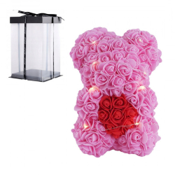 Medvídek z růží s LED osvětlením 25 cm růžový - dárkový box