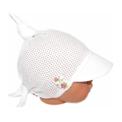 Baby Nellys Dětský síťkovaný šátek s kšiltem na zavazování, GIRL sovičky - bílý - 68-86 (6-18m)