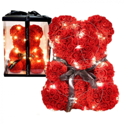 Medvídek z růží s LED osvětlením 40 cm červený - dárkový box