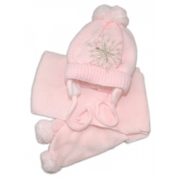 BABY NELLYS Zimní čepička s šálou - Sněhová vločka v růžové, 0/6m - 56-68 (0-6 m)