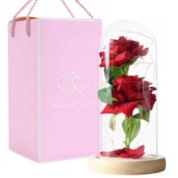 Dekorativní věčná růže ve skleněné kopuli s osvětlením - 21 cm červená