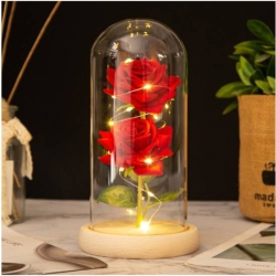 Dekorativní věčná růže ve skleněné kopuli s osvětlením - 21 cm červená