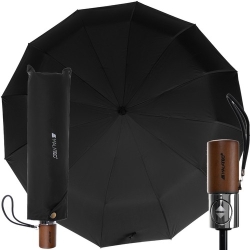 Velký automatický skládací deštník - černý s dřevenou rukojetí (Iso)